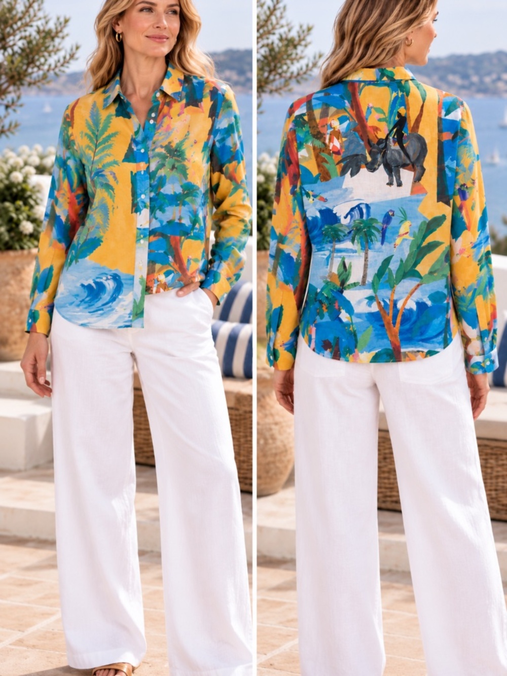 Sezane button down shirt S 100% Cotton tropical surfer art to wear novelty